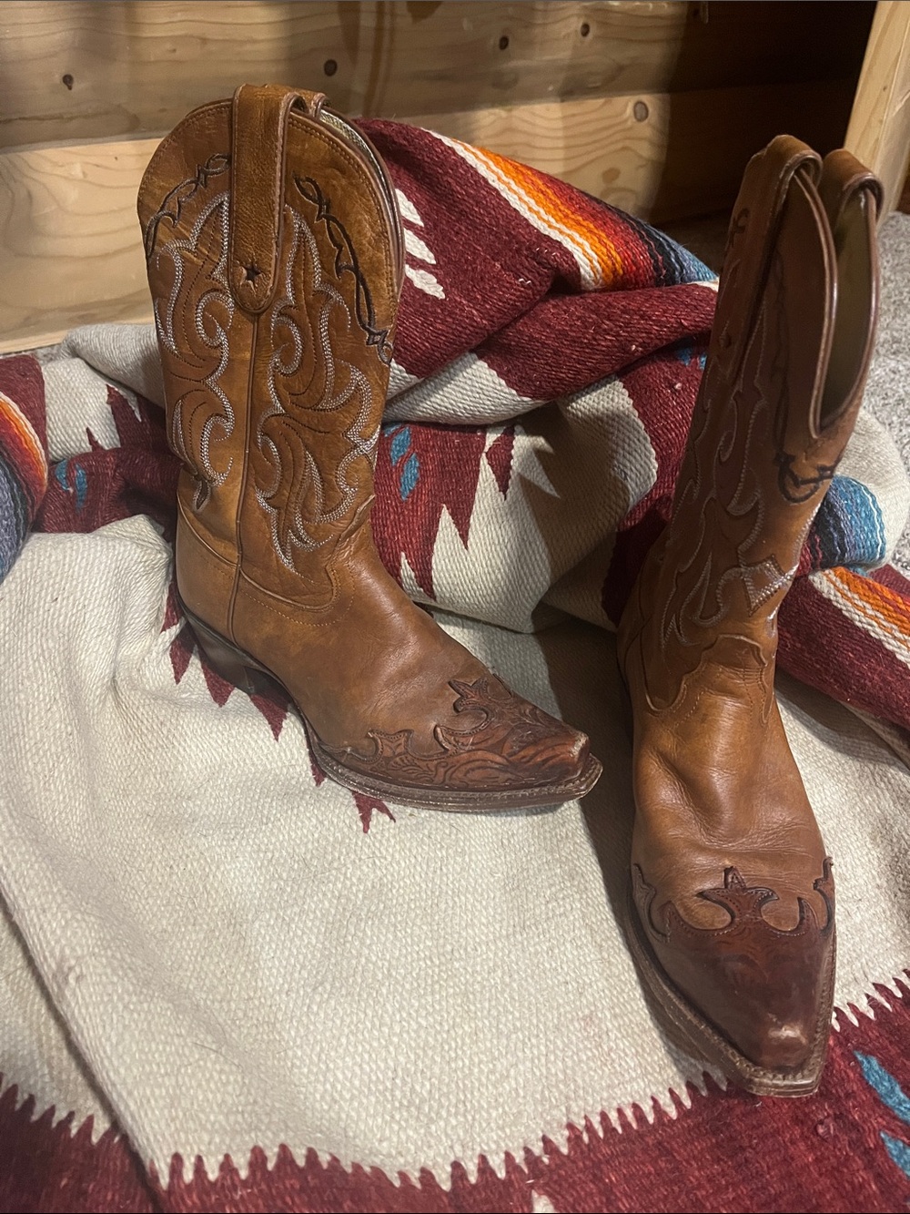 Tony Lama Brown Snip Toe Leather Cowboy Boots with Western Stitching